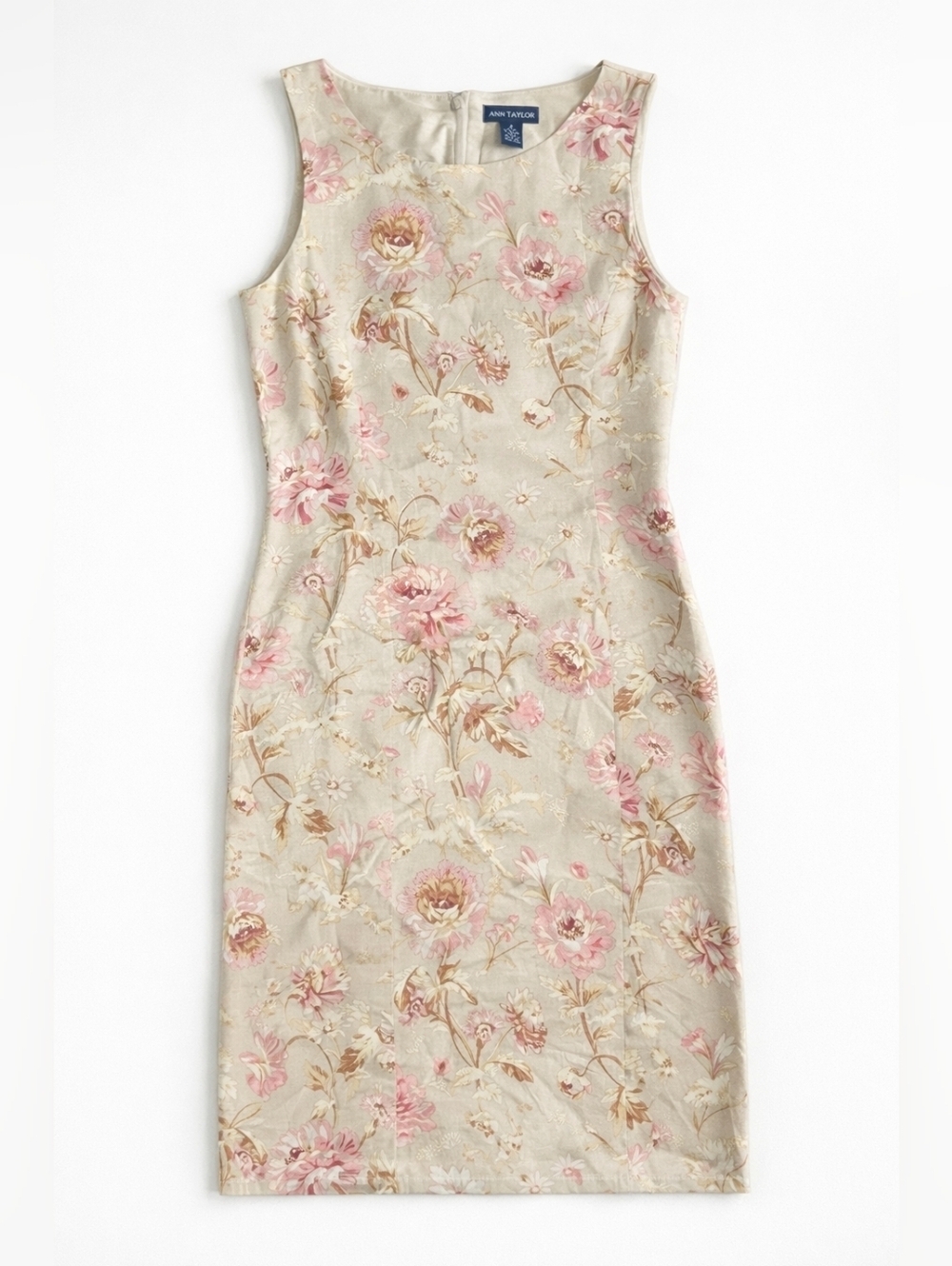 Ann Taylor linen floral sheath dress beige neutral wedding guest sleeveless sz 4